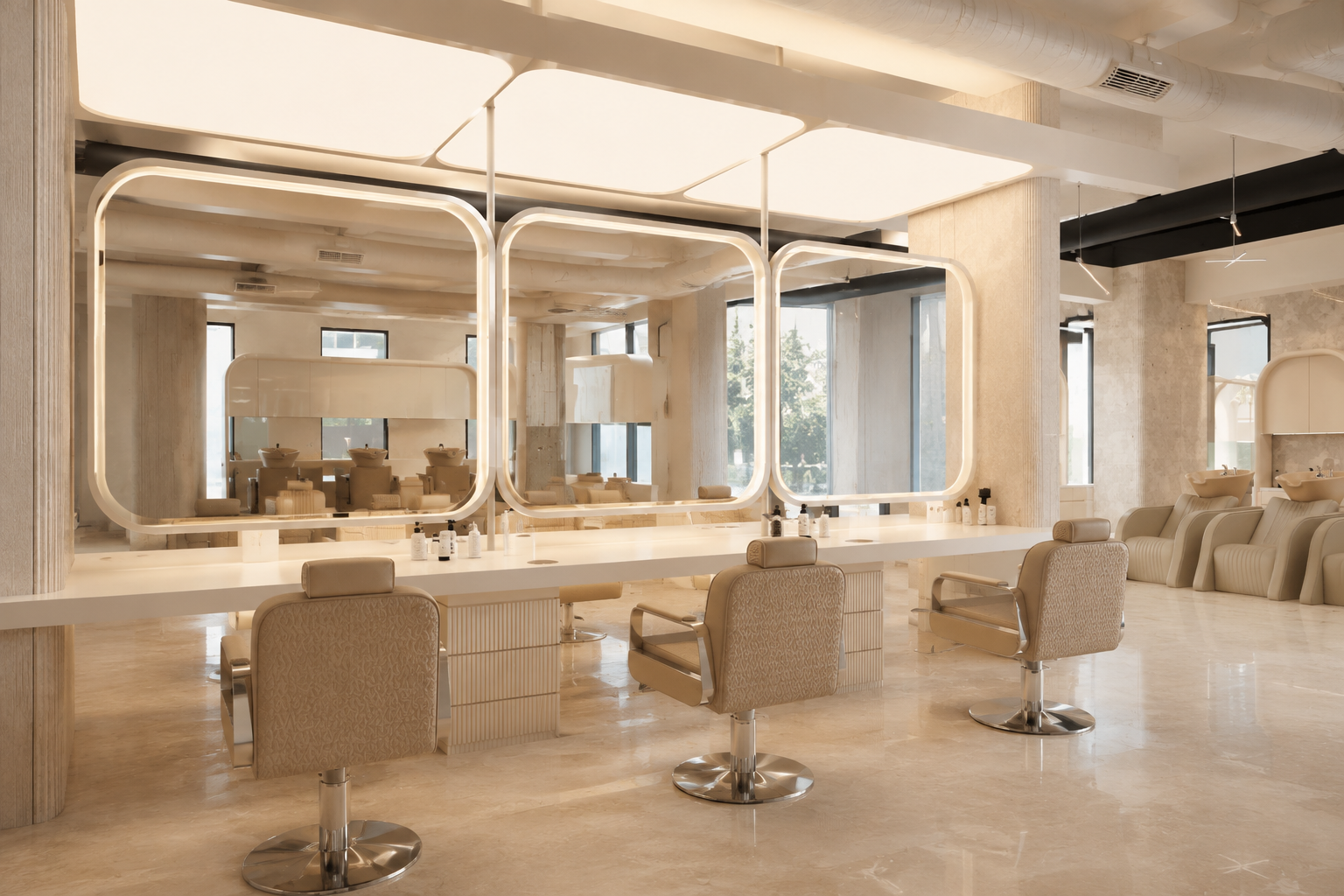 The completed Balmière hair floor with sculpted styling chairs and illuminated mirrors