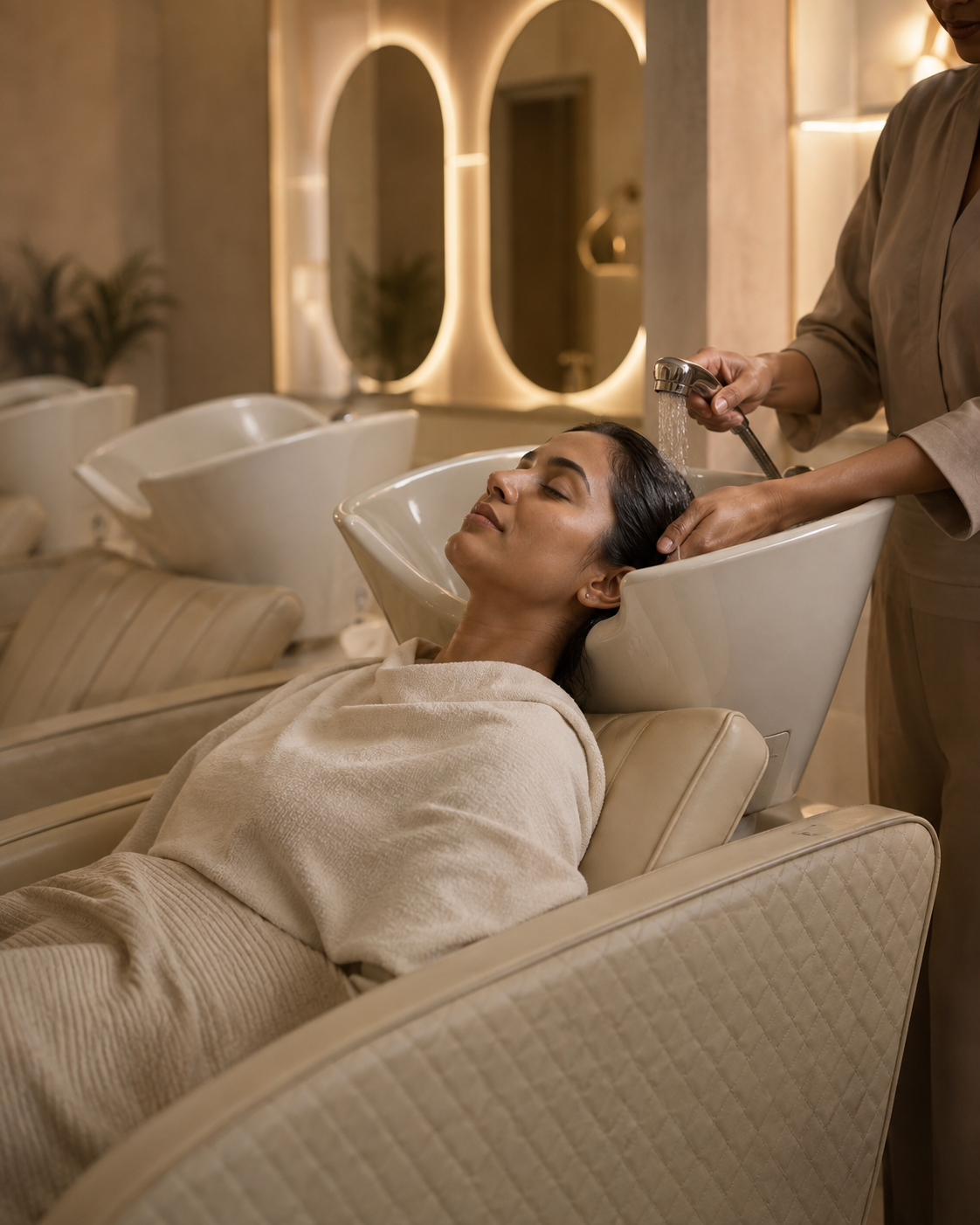 A client receiving a gentle hair and scalp ritual at Balmière